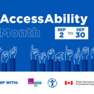 Blue poster with white text AccessAbility Month. Sept 2-30. The CC icon is in the top right, and sign language spells out 'get involved.'