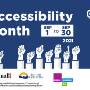 Dark blue poster with white text that reads: Accessibility Month. Sept 1-30. Icons for ASL and CC are visible. Icons of hands signing read: Get Involved.