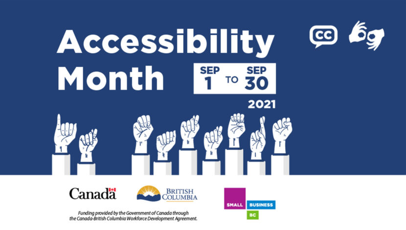 Dark blue poster with white text that reads: Accessibility Month. Sept 1-30. Icons for ASL and CC are visible. Icons of hands signing read: Get Involved.