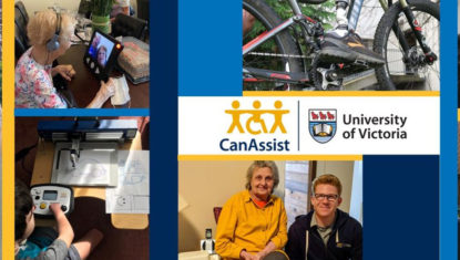A collage of CanAssist images, showing people with disabilities interacting with different technologies.