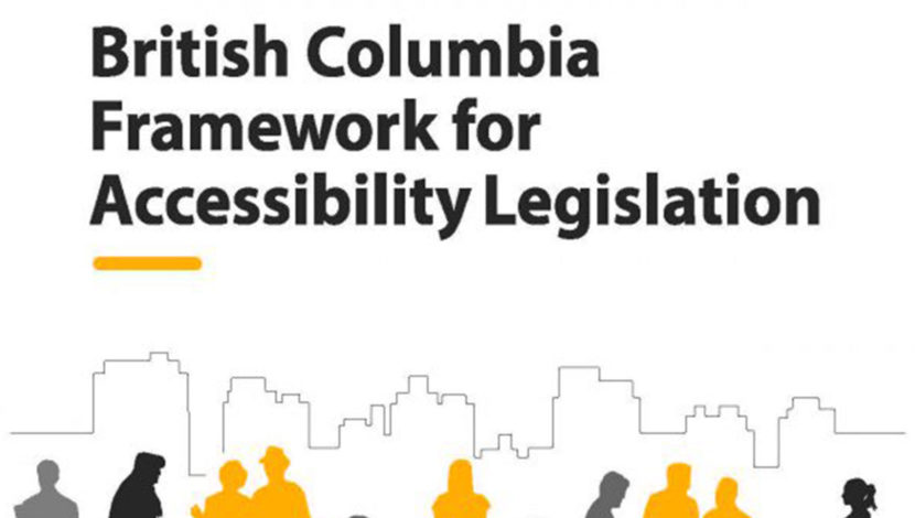 BC Government promo graphic for accessibility legislation consultations, with yellow, black and grey outlines of diverse people.