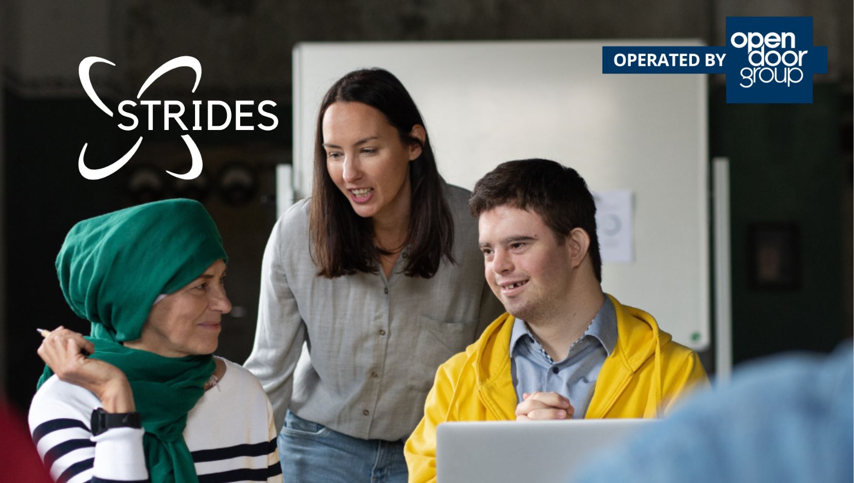 3 diverse employees in a workplace with the STRIDES logo and "operated by Open Door Group" overlaid.