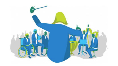 Illustration representative of a diverse group of people, all in green and blues. Some have visible disabilities. It shows an orchestra conductor and those listening and playing instruments, representative of a well working workplace.