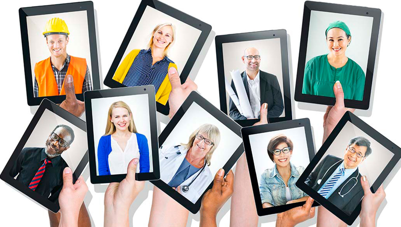 Stock image of a variety of hands holding photos of different employees in a variety of careers. Meant to represent job seeking/recruitment.