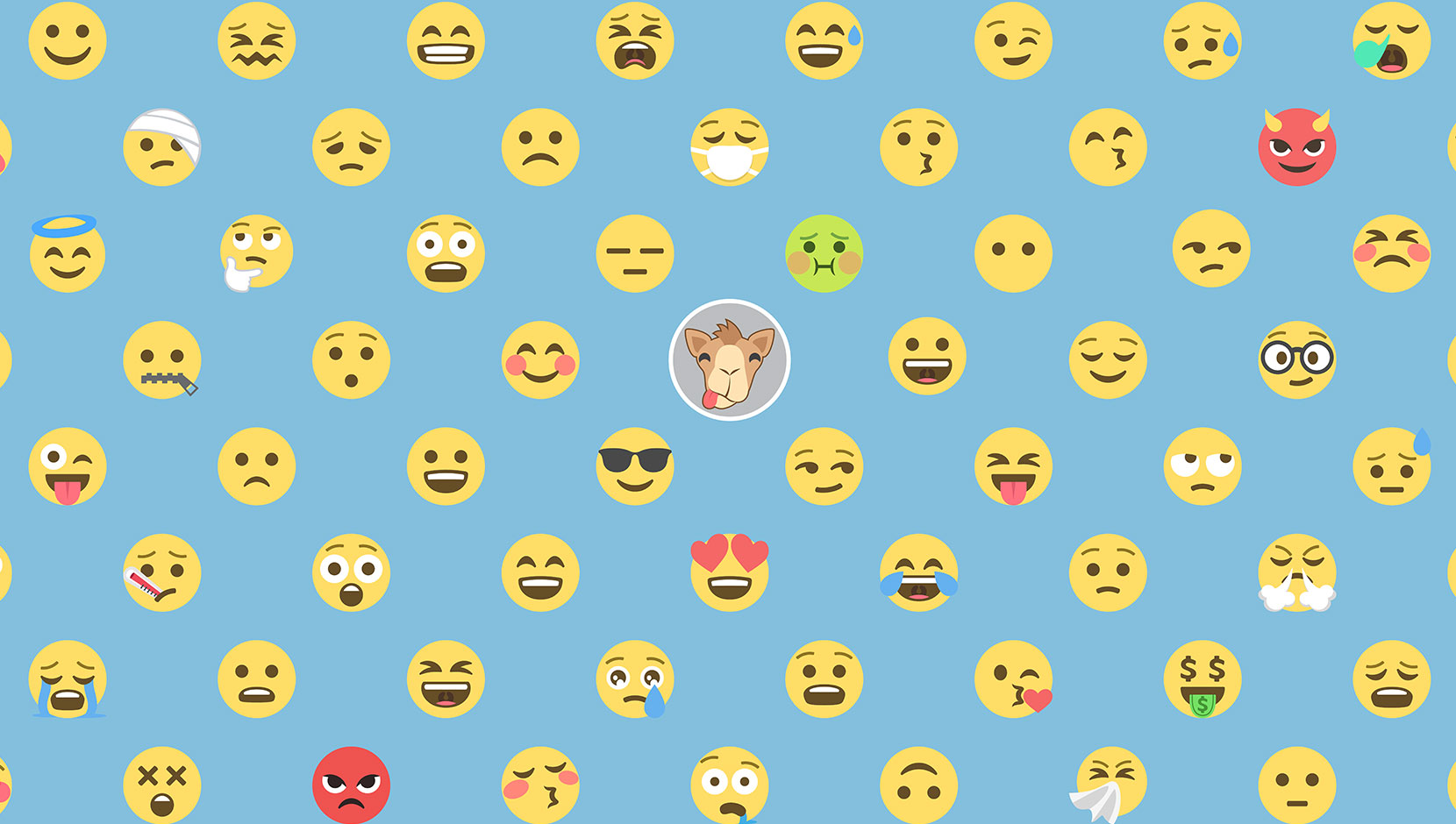 Various emoji icons across a blue image, with a custom giraffe with its tongue sticking out in the middle.