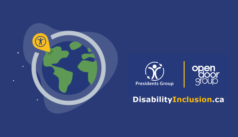 A globe is on the left, with a yellow pin with the common accessibility logo in the centre. Presidents Group and Open Door Group logos are on the right, with DisabilityInclusion.ca