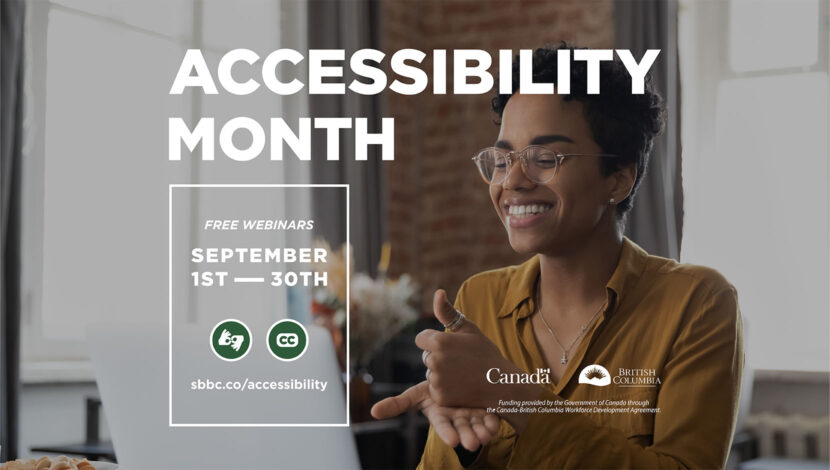 A person of colour is smiling and signing into a computer. Text: Accessibility Month.