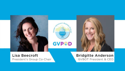 Headshots of Lisa Beecroft and Bridgitte Anderson. Between them is a podcast icon with GVPOD.