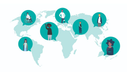 Illustrated people with various disabilities are placed in teal circles across a world map.