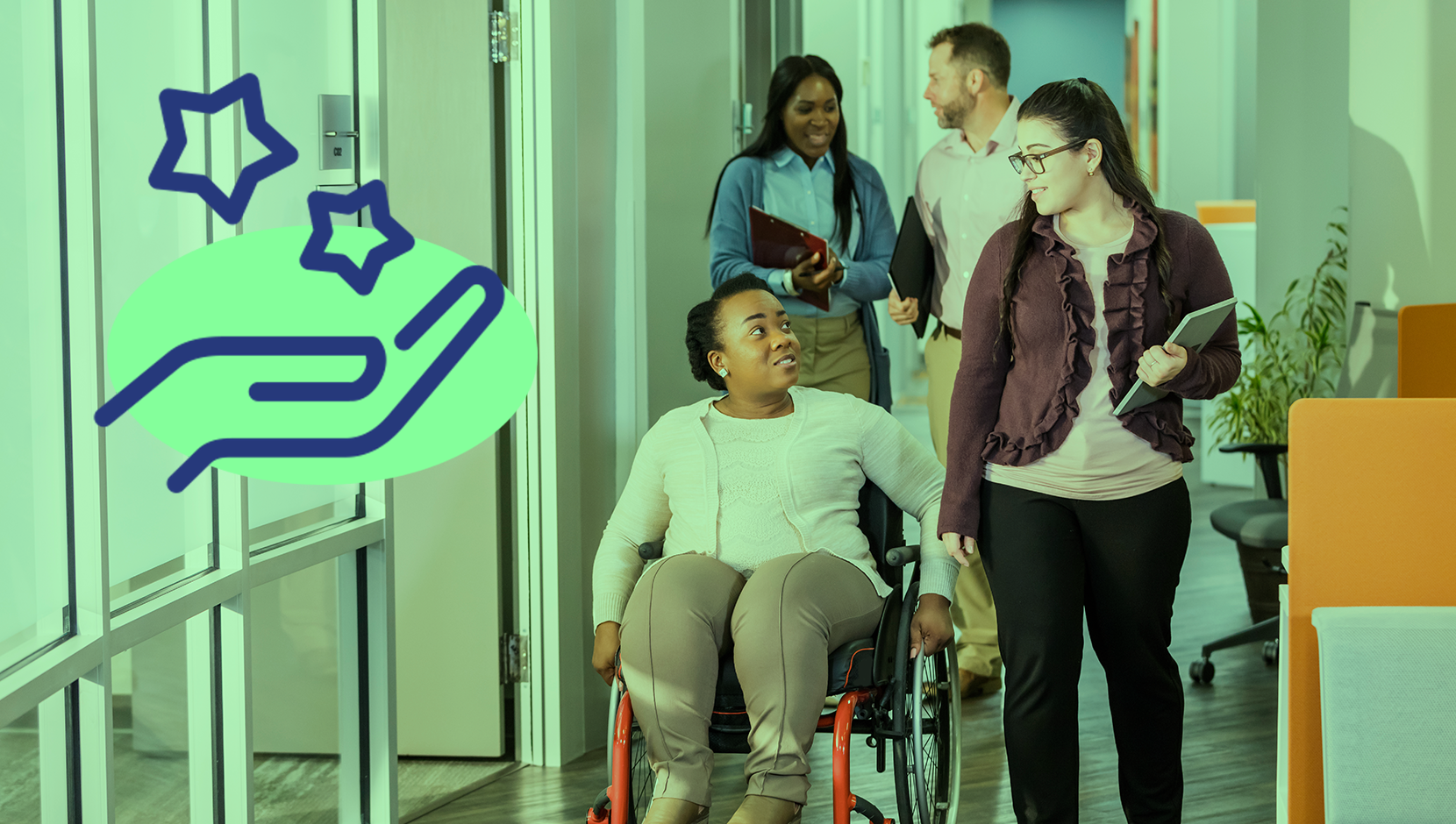 Four people are moving through an office hallway. The person on the front left is using a manual wheelchair. A green filter is applied to the image, with an icon of a hand and stars on the left, broadly representing 'change'.