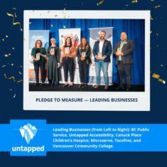 Six people on a stage at the Untapped awards. From left to right people are representing BC Public Service, Untapped Accessibility, Canuck Place Children's Hospice, Microserve, Tacofino, and VCC. The Untapped logo is at the bottom with the text "Pledge to Measure - leading businesses."