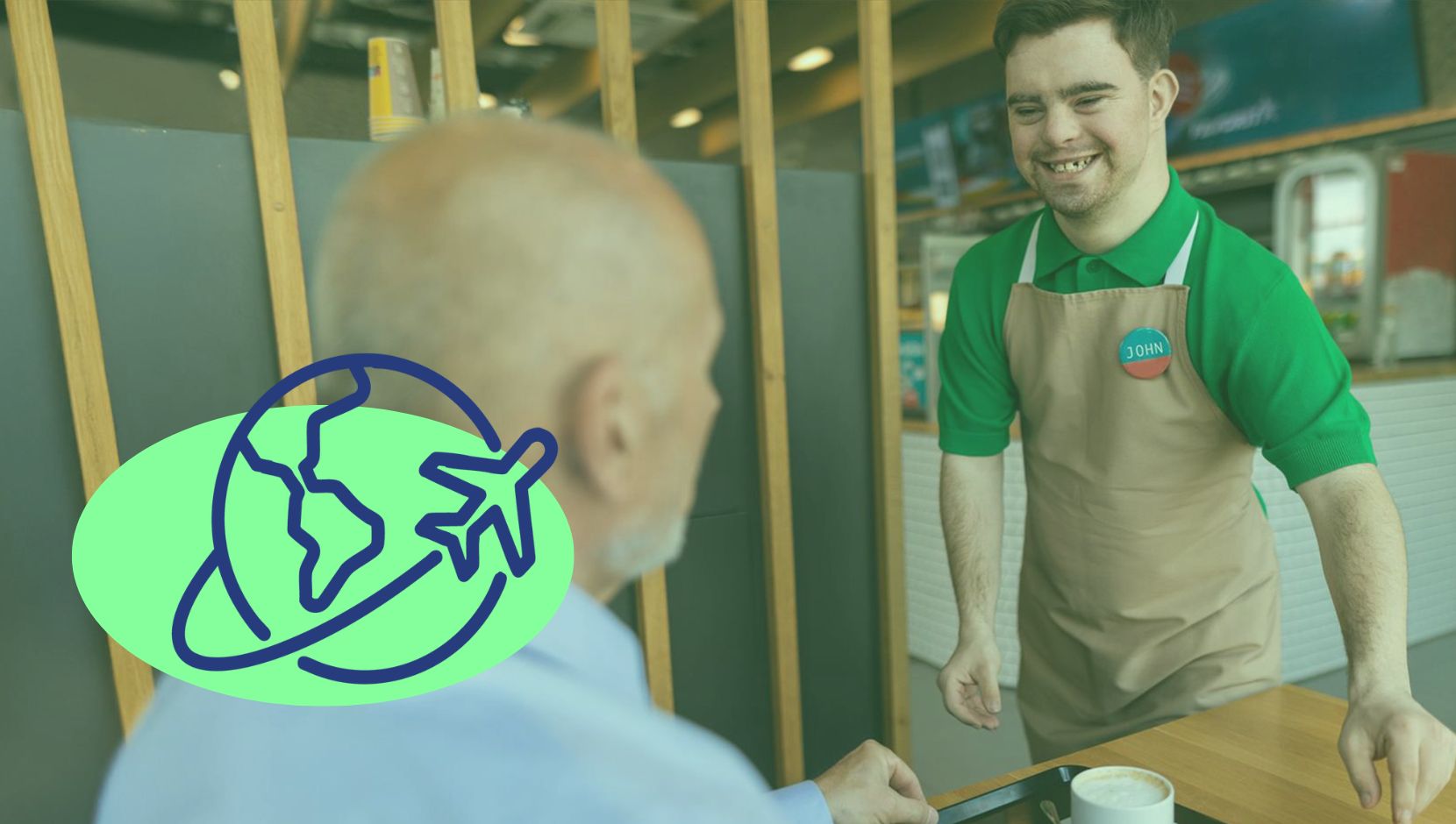 A person with an intellectual disability smiles while serving a customer. A green overlay is over the image with a blue tourism icon on a lime green oval.