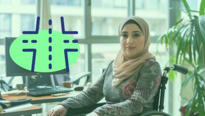 A person wearing a hijab is in a manual wheelchair in a workplace. A green overlay is on the image with the Intersectional Equity course icon.