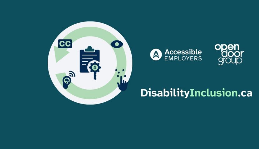 Disability Inclusive Employer Self Assessment Tool logo made up of assistive technology icons and a repeater icon in a white circle. Accessible Employers and Open Door Group logos beside, with the DisabilityInclusion.ca link.